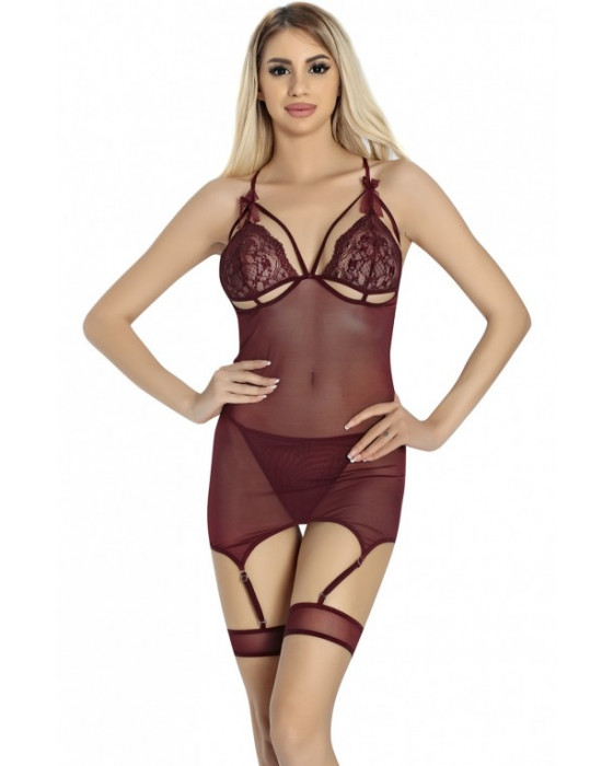 Bordo Bralet Kadın Jartiyer Gecelik Takımı Lily Bianca-883